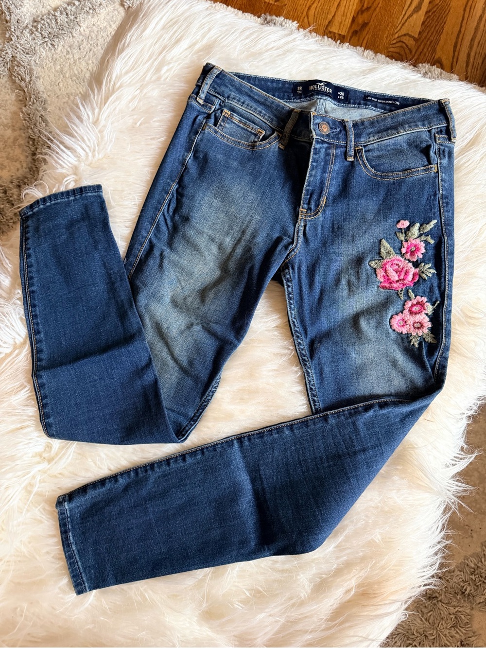 Hollister Dark Blue Skinny Jeans with Pink Floral Embroidery